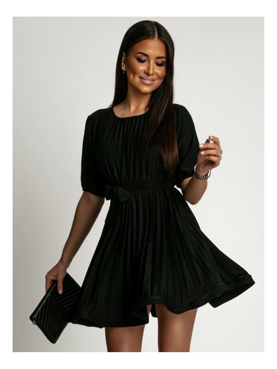 Pleated dress with short sleeves, black AZR57172